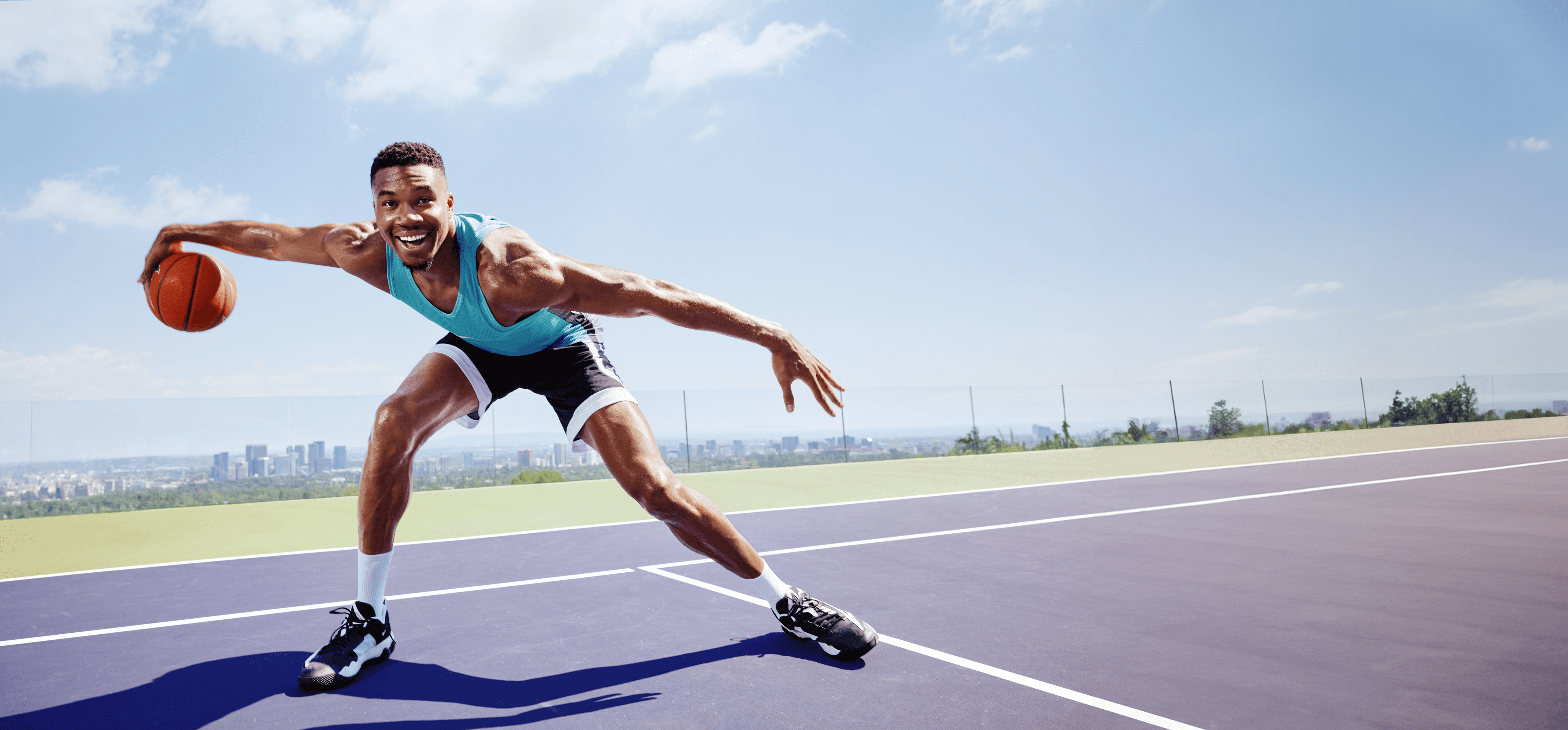 Giannis Antetokounmpo playing basketball, photographed for Flexpower