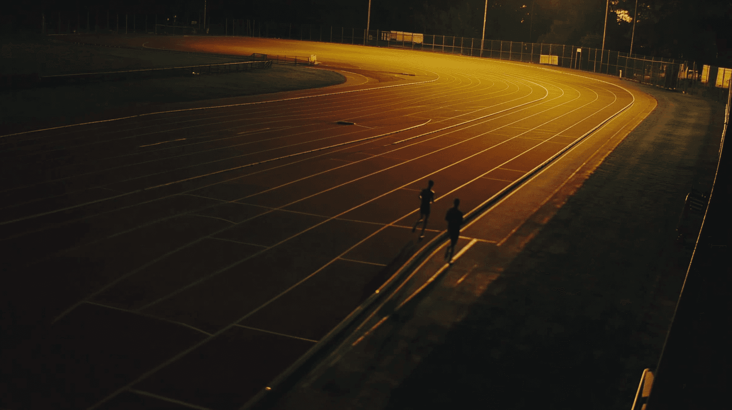 Runners following their evening routine on a floodlit track